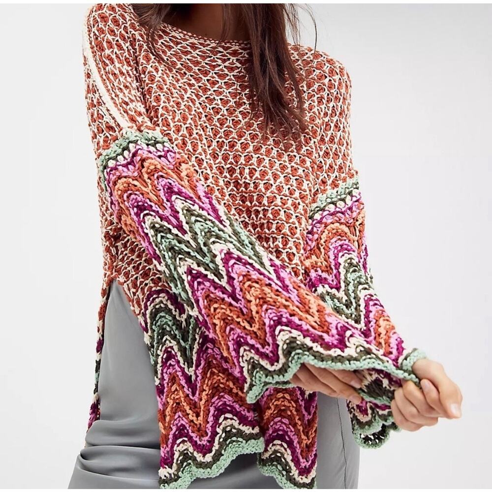 Free People Heatwave Pullover Crochet Boho Hippie Chevron Colorful Sweater - Sml - Picture 14 of 14
